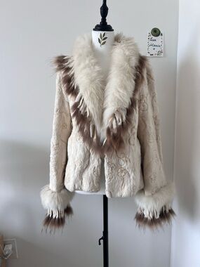 Vintage Cream White Real Rabbit Fur Jacket w Fox Fur Collar & Cuffs M Floral Y2K